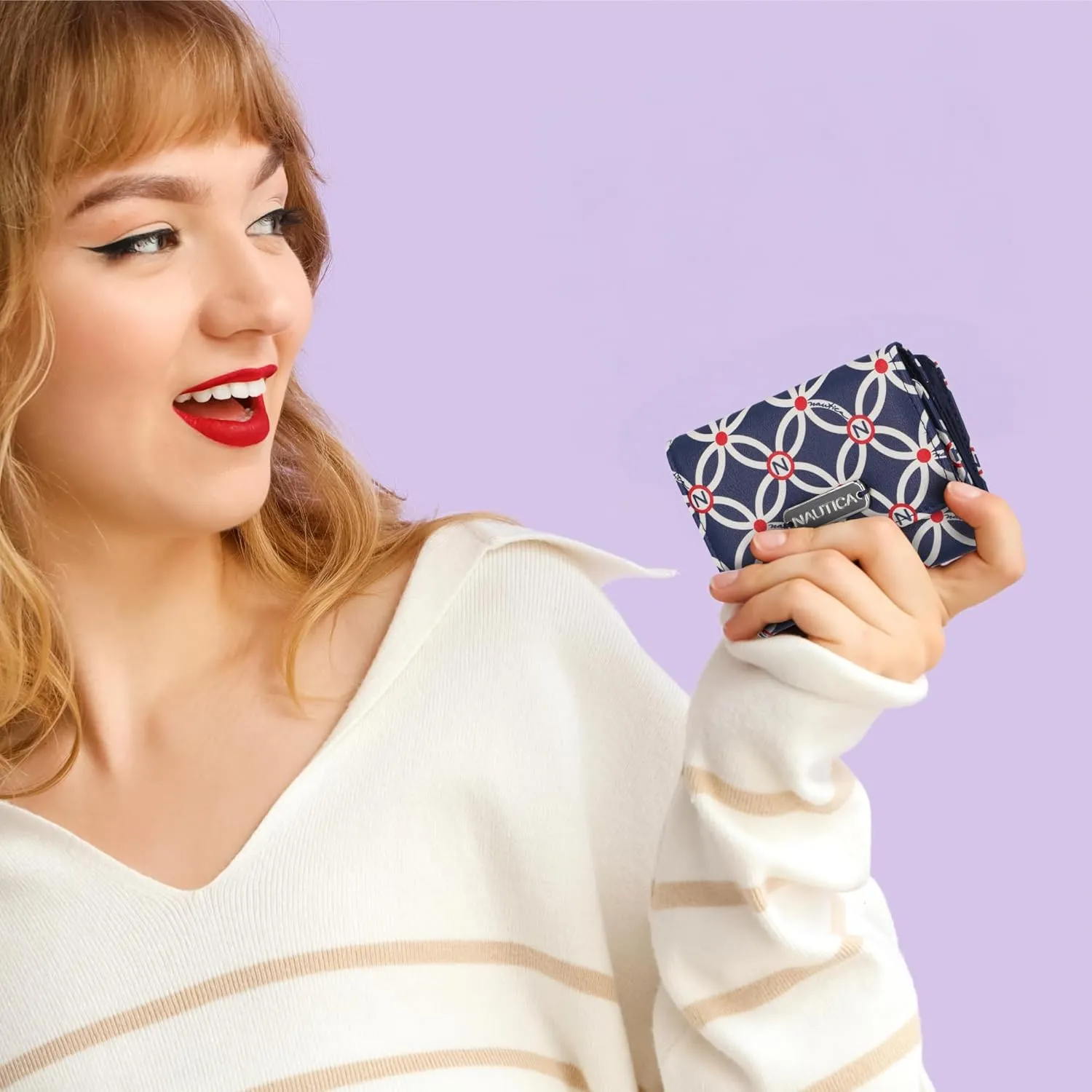 Nautica Rower's End Small Wallet for Women, RFID Blocking Slim Credit Card Holder with Zipper Coin Pocket, Bifold Compact Wallet with ID Window in Black Logo