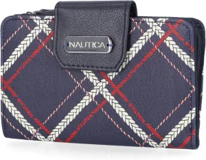 Nautica Womens, Close Reach Vegan Leather RFID Wallet, Small Credit Card Holder Purse with Zipper Coin Pocket and ID Window in Indigo/Fuego Red Plaid