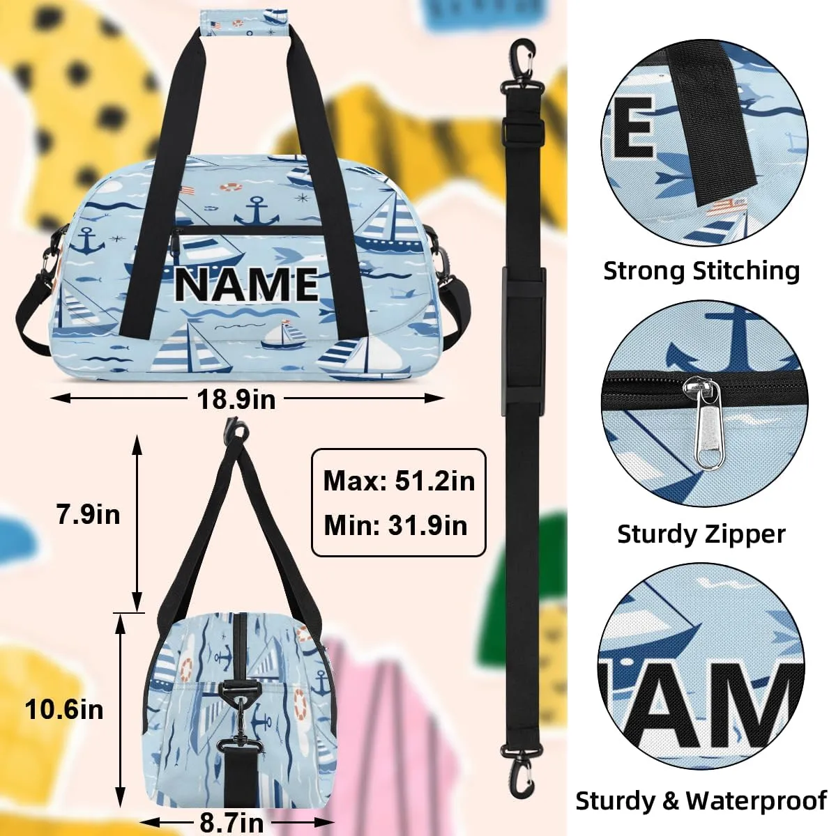 Nautical Sailing Mini Gym Bag 18 inch for Women Men Waterproof Custom Ocean Themed Travel Duffel Bag Carry On Overnight Tote Nurse Bag for Work Fitness Hiking