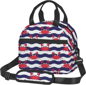 Nautical Theme,Insulated Reusable Lunch Bag with Adjustable Shoulder Strap for Adults,Nautical Maritime Theme Crabs on Striped,Leakproof Office Picnic Hiking Beach Tote Bag,Blue Red,9x5x7.8in