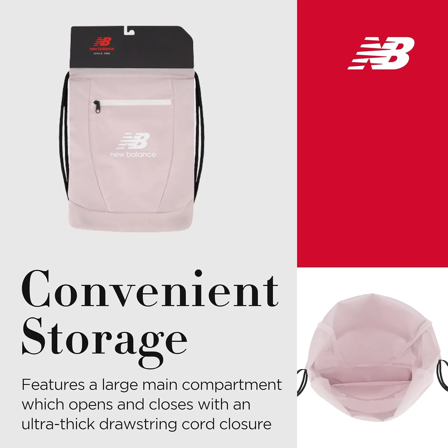 New Balance Drawstring Backpack, Small Gym Travel Bag with Front Zip Pocket, Sports Cinch Sack for Men and Women, Blush, 17.5 Inch