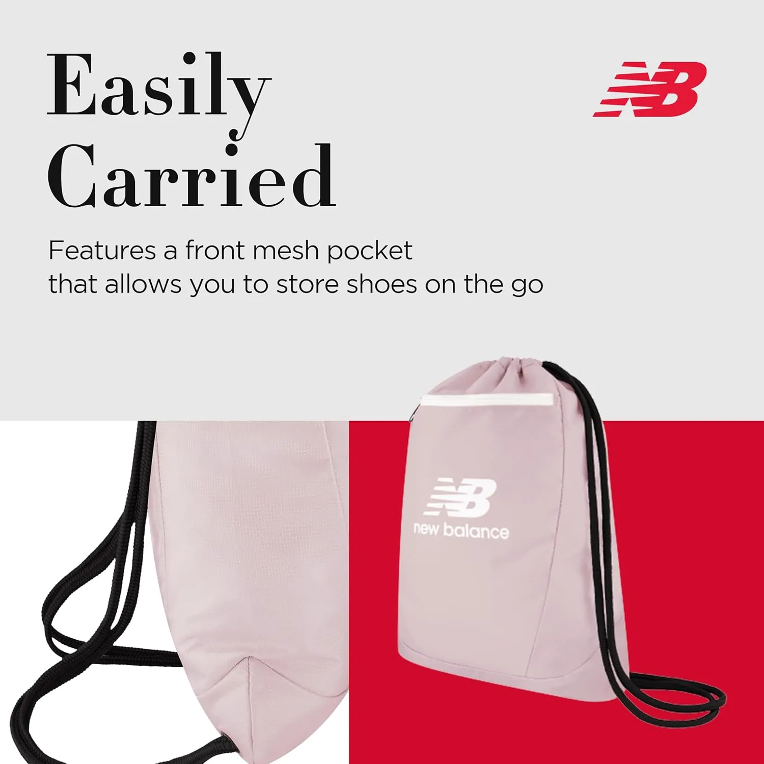 New Balance Drawstring Backpack, Small Gym Travel Bag with Front Zip Pocket, Sports Cinch Sack for Men and Women, Blush, 17.5 Inch