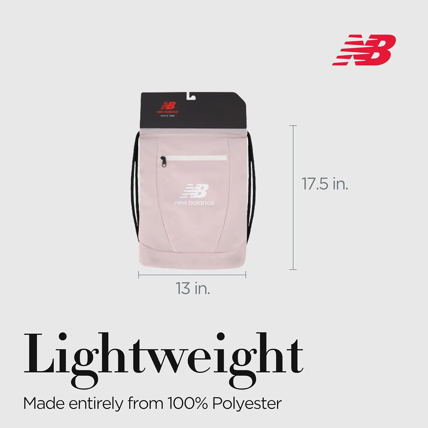 New Balance Drawstring Backpack, Small Gym Travel Bag with Front Zip Pocket, Sports Cinch Sack for Men and Women, Blush, 17.5 Inch