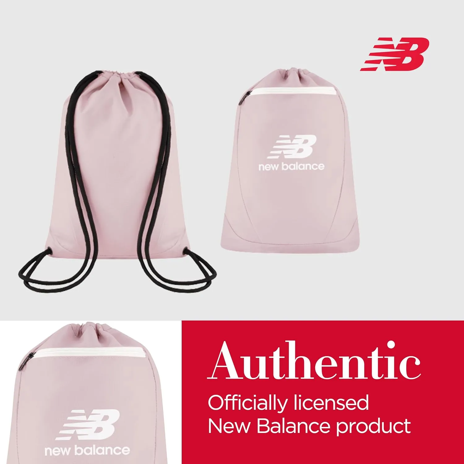 New Balance Drawstring Backpack, Small Gym Travel Bag with Front Zip Pocket, Sports Cinch Sack for Men and Women, Blush, 17.5 Inch