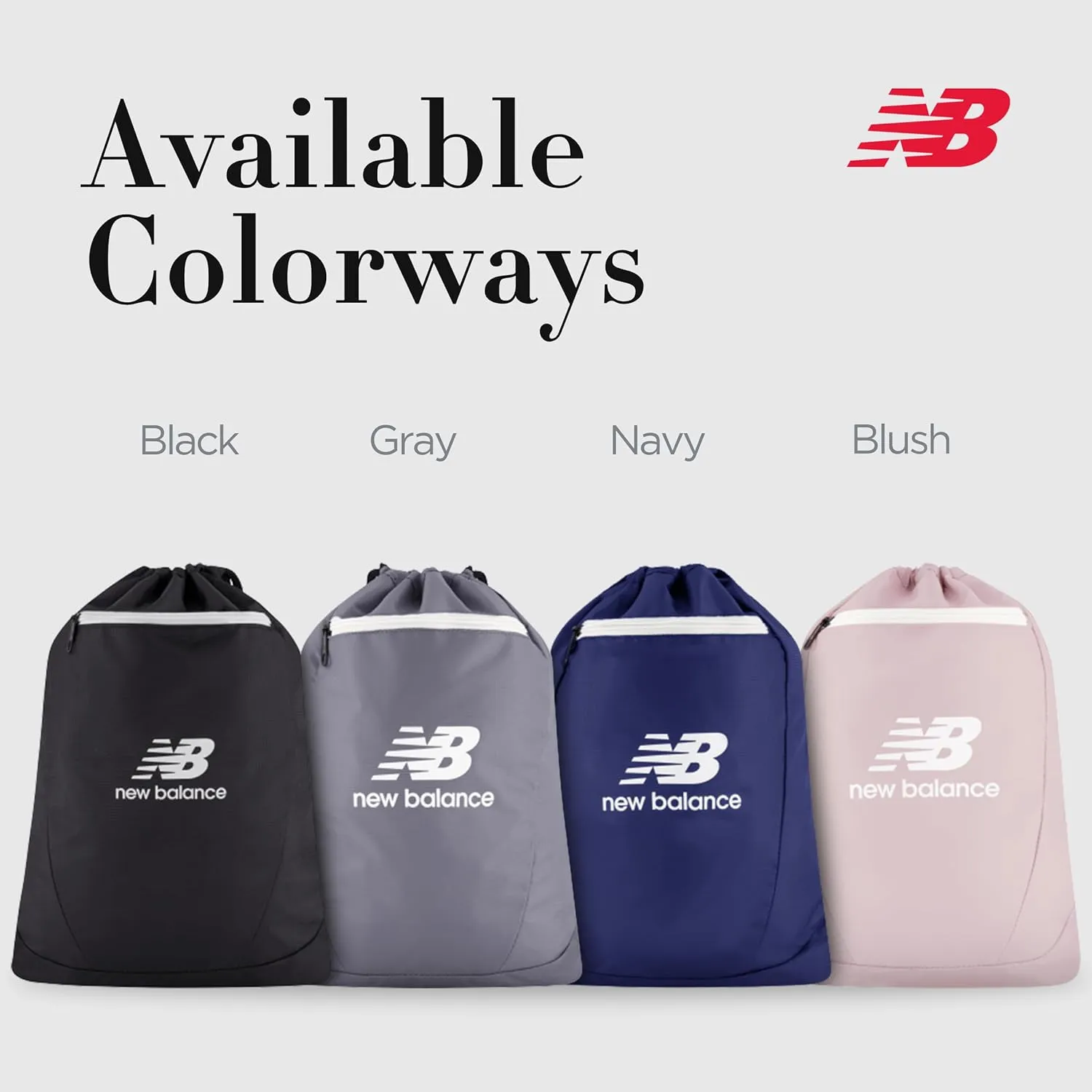 New Balance Drawstring Backpack, Small Gym Travel Bag with Front Zip Pocket, Sports Cinch Sack for Men and Women, Blush, 17.5 Inch