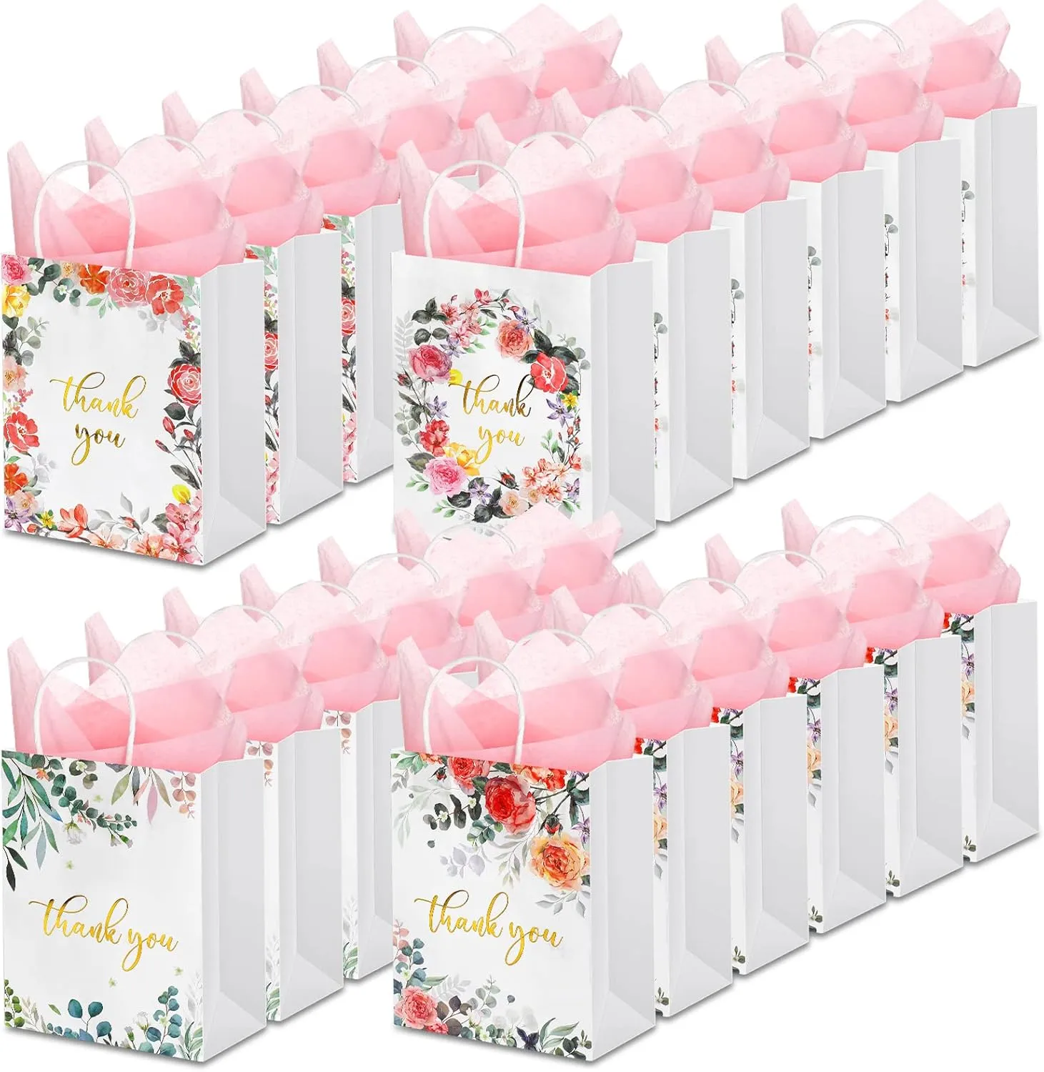Nezyo 24 Pcs Gold Foiled Thank You Gift Bags Floral Design with Tissue Paper Small Thank You Paper Bags with Handles Party Favor for Wedding Birthday Shower, 8.27 x 5.91 x 3.1 Inches