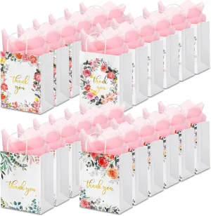 Nezyo 24 Pcs Gold Foiled Thank You Gift Bags Floral Design with Tissue Paper Small Thank You Paper Bags with Handles Party Favor for Wedding Birthday Shower, 8.27 x 5.91 x 3.1 Inches