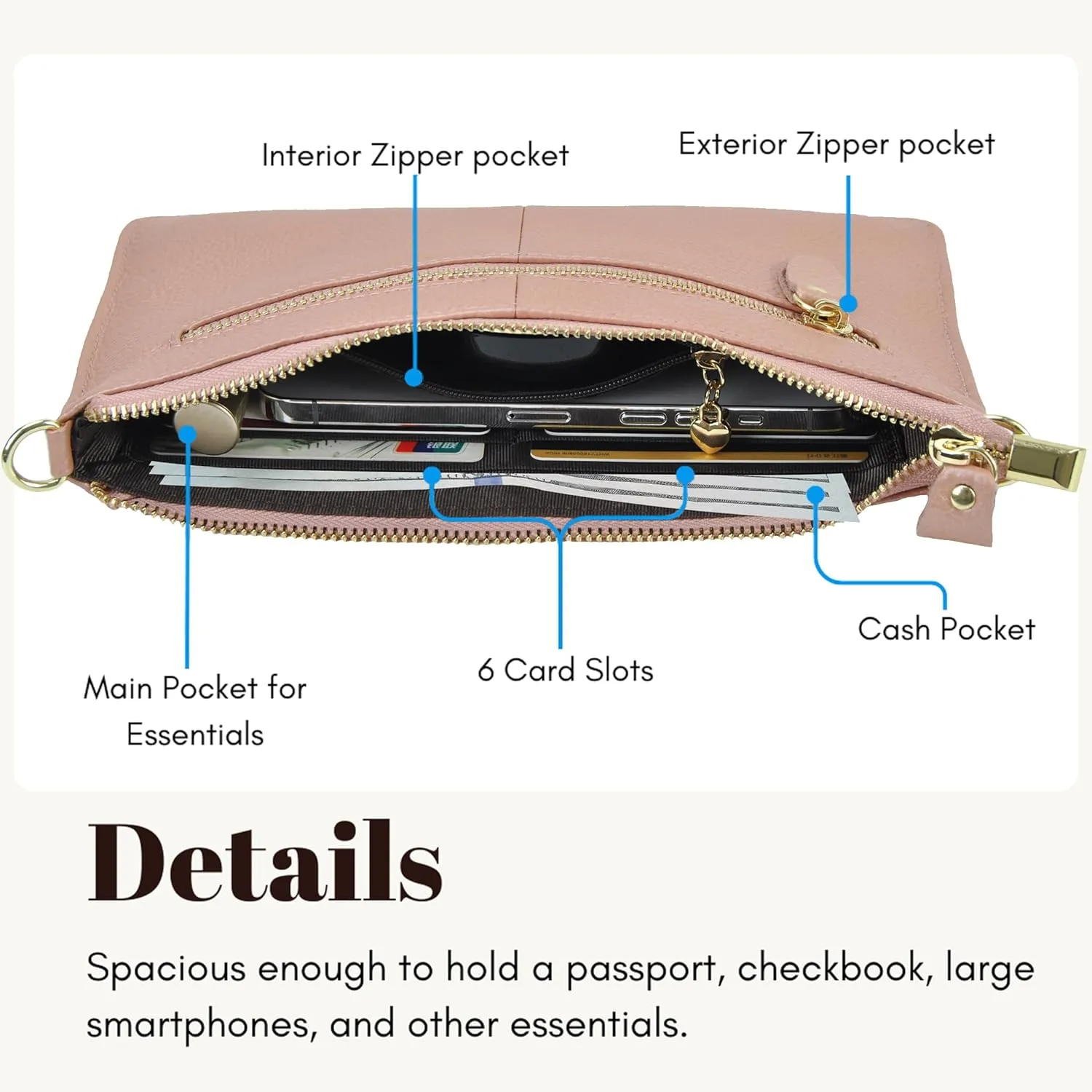 NGIL Women Genuine Leather Crossbody Wristlet, Women's Handbag, Chic Shoulder Bag Small Wristlet Wallet, Golden Accent Zipper