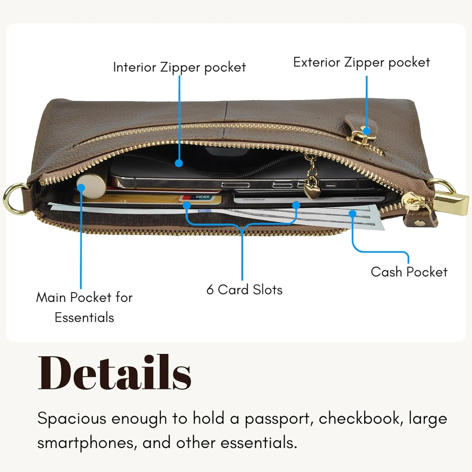 NGIL Women Genuine Leather Crossbody Wristlet, Women's Handbag, Chic Shoulder Bag Small Wristlet Wallet, Golden Accent Zipper