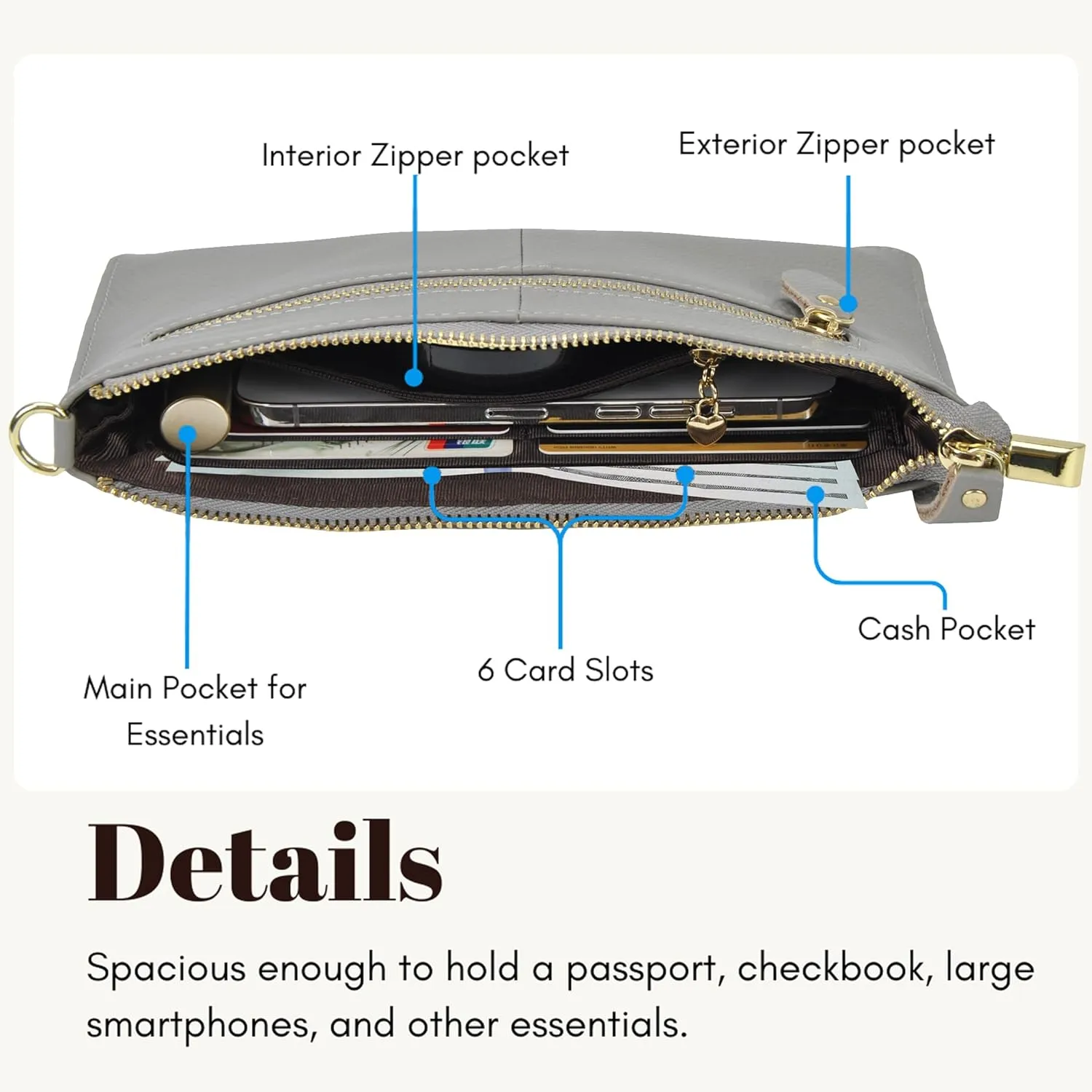 NGIL Women Genuine Leather Crossbody Wristlet, Women's Handbag, Chic Shoulder Bag Small Wristlet Wallet, Golden Accent Zipper