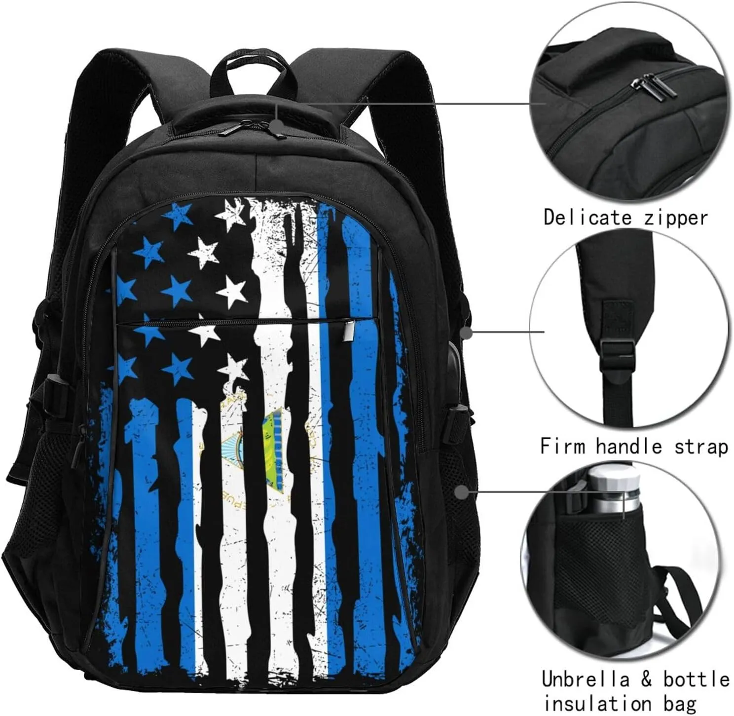 Nicaraguan American Flag Nicaragua Roots Business Laptop Backpack Travel Backpacks Outdoor Rucksack Large Bag Daypack with USB Charging Port Multi-Pocket for Hiking Camping
