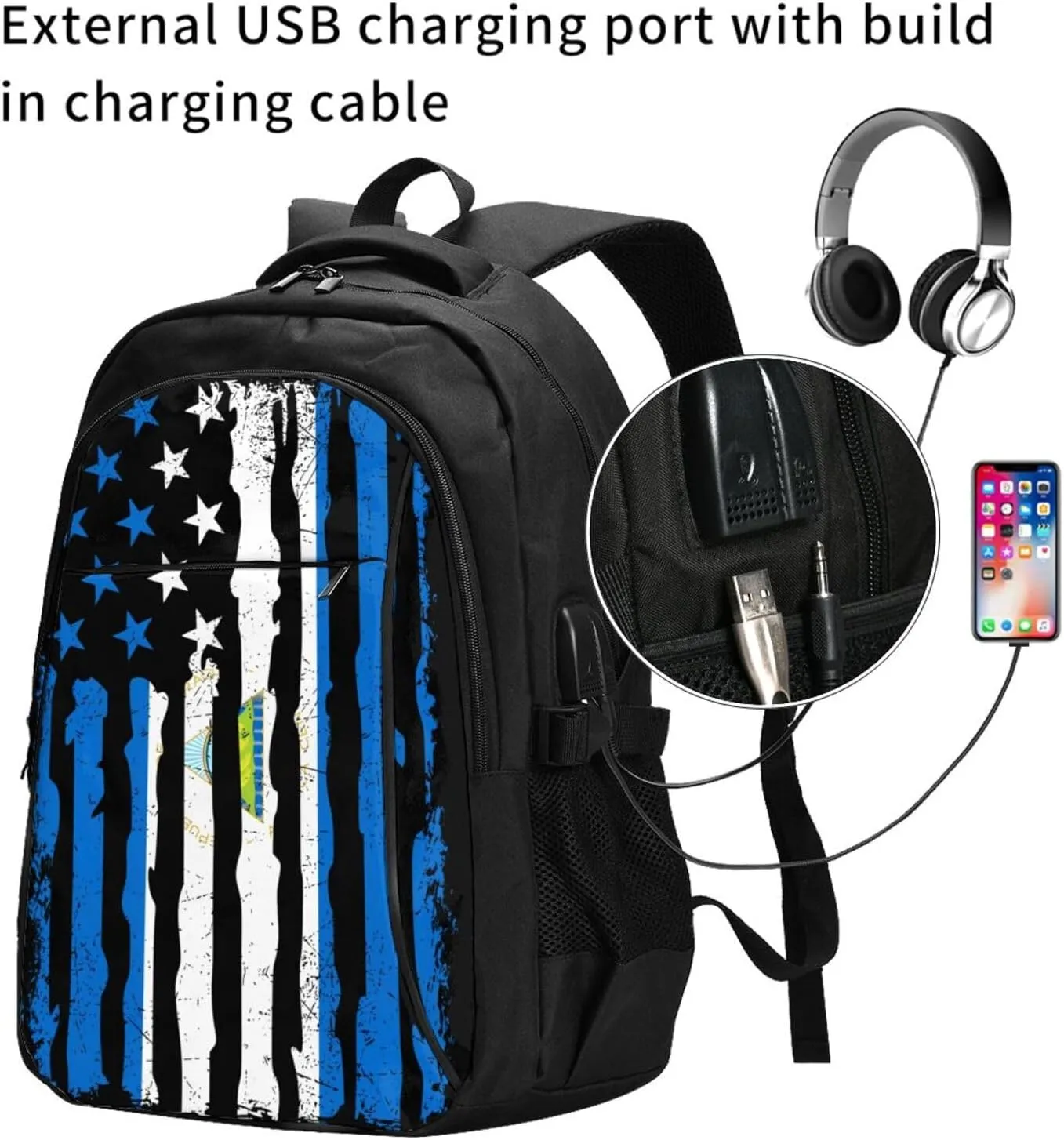 Nicaraguan American Flag Nicaragua Roots Business Laptop Backpack Travel Backpacks Outdoor Rucksack Large Bag Daypack with USB Charging Port Multi-Pocket for Hiking Camping