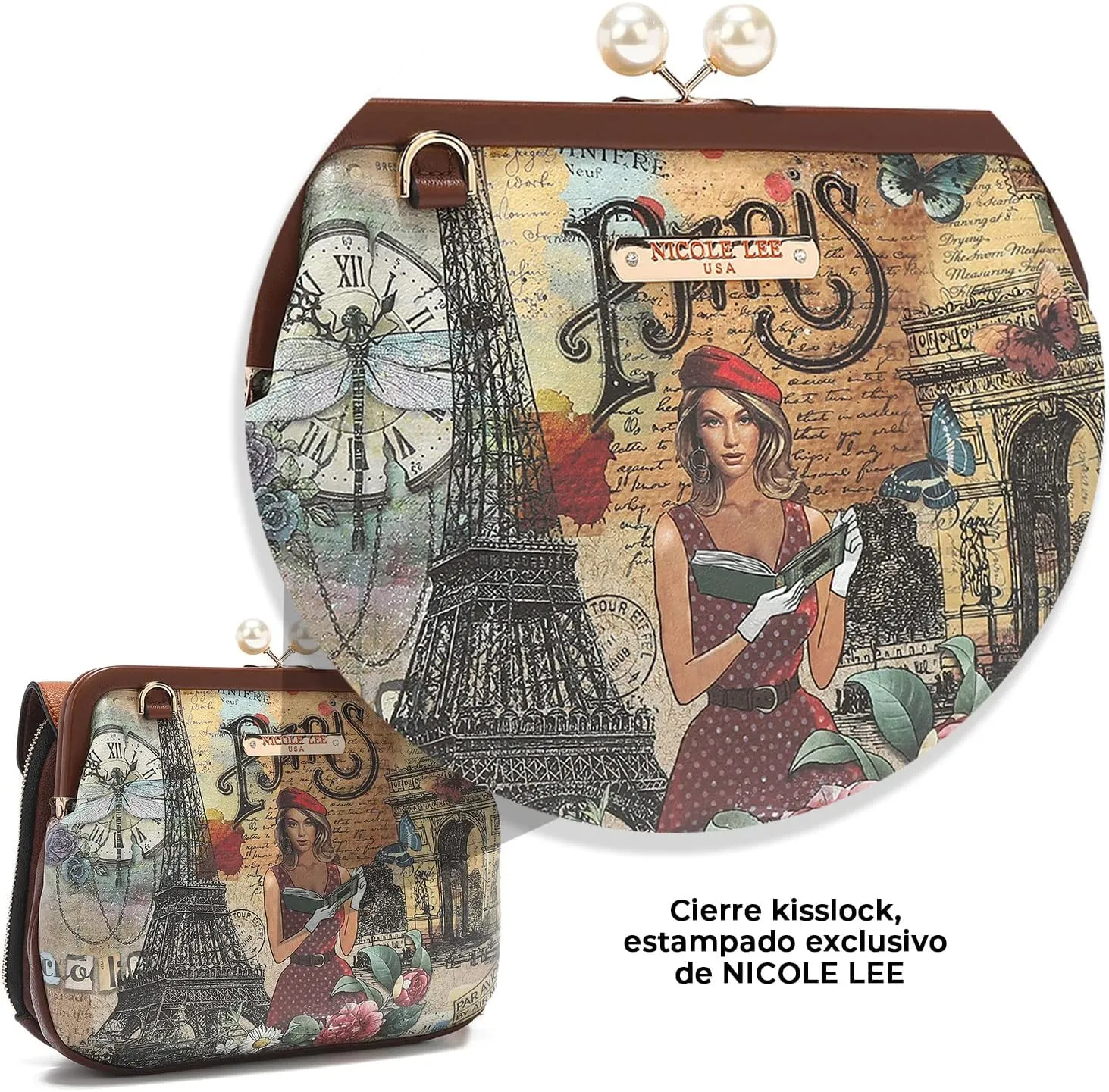 Nicole Lee Pearl Kiss Lock Envelope Crossbody Handbag, Women's Fashion Print Vegan Leather Clutch