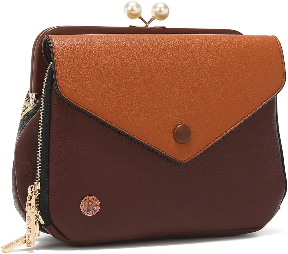 Nicole Lee Pearl Kiss Lock Envelope Crossbody Handbag, Women's Fashion Print Vegan Leather Clutch