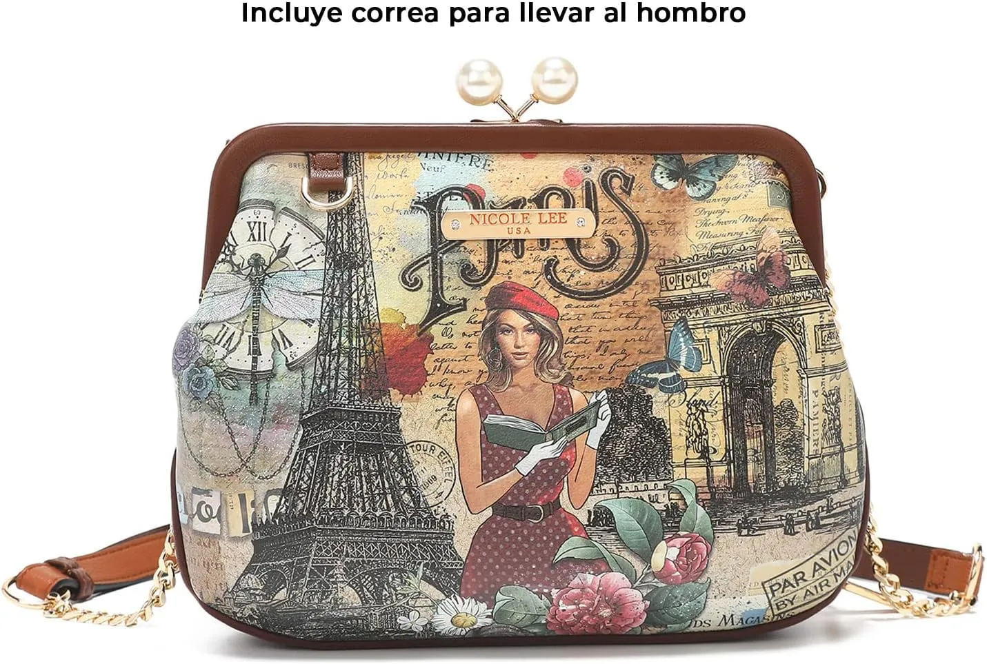 Nicole Lee Pearl Kiss Lock Envelope Crossbody Handbag, Women's Fashion Print Vegan Leather Clutch