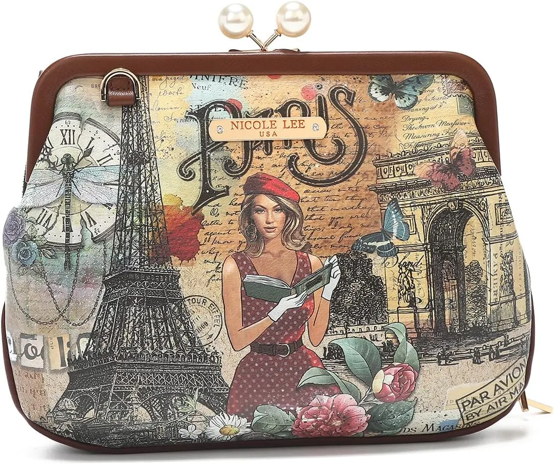 Nicole Lee Pearl Kiss Lock Envelope Crossbody Handbag, Women's Fashion Print Vegan Leather Clutch