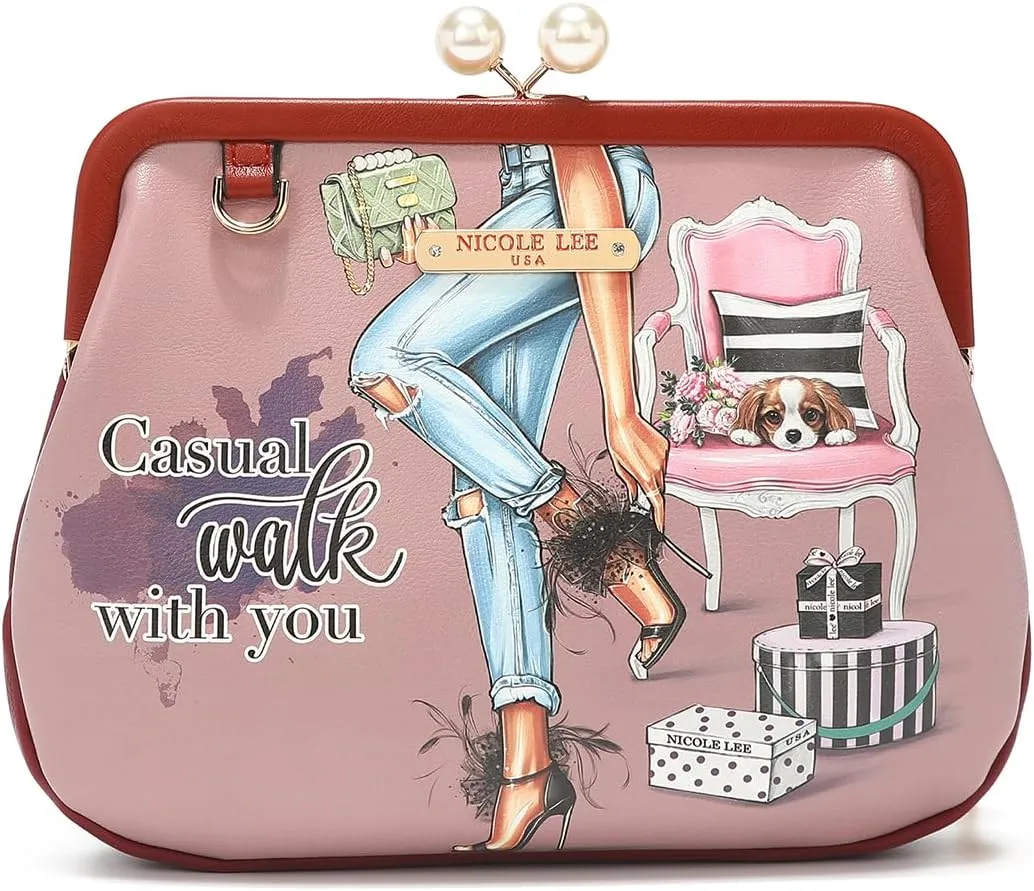 Nicole Lee Pearl Kiss Lock Envelope Crossbody Handbag, Women's Fashion Print Vegan Leather Clutch