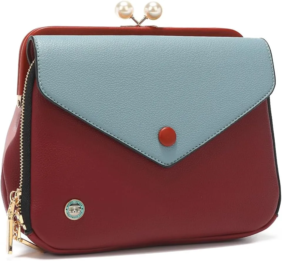 Nicole Lee Pearl Kiss Lock Envelope Crossbody Handbag, Women's Fashion Print Vegan Leather Clutch