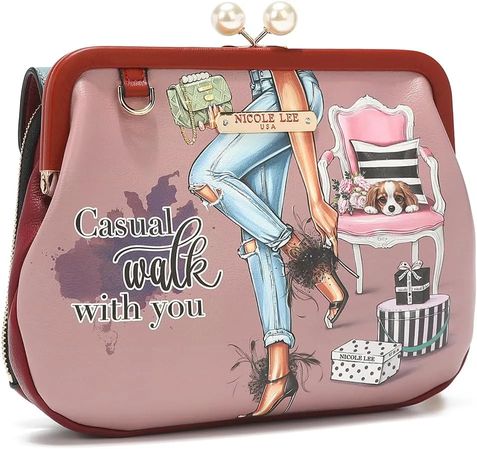 Nicole Lee Pearl Kiss Lock Envelope Crossbody Handbag, Women's Fashion Print Vegan Leather Clutch