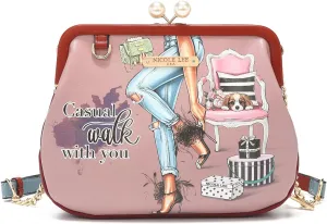 Nicole Lee Pearl Kiss Lock Envelope Crossbody Handbag, Women's Fashion Print Vegan Leather Clutch