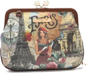 Nicole Lee Pearl Kiss Lock Envelope Crossbody Handbag, Women's Fashion Print Vegan Leather Clutch