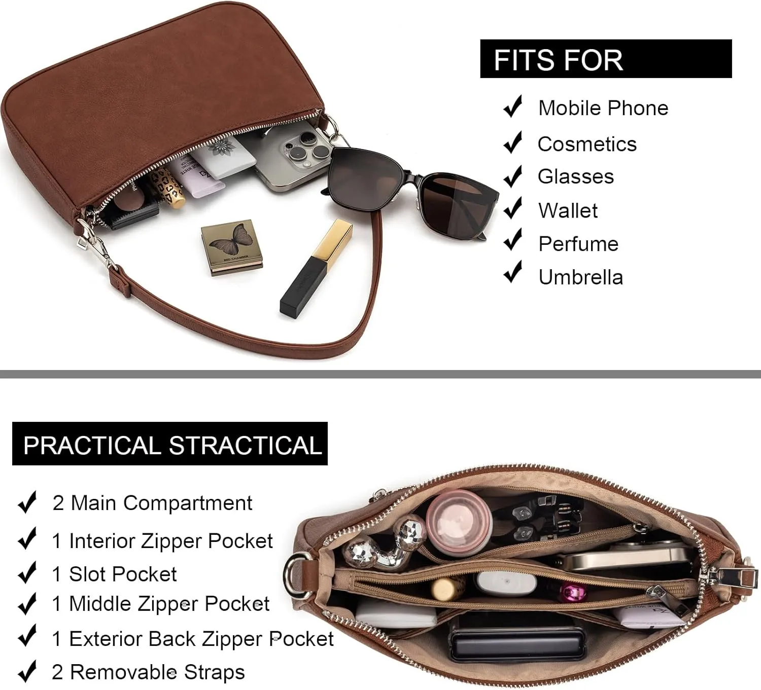 NIUEIMEE ZHOU Small Shoulder bag with 2 Removable Straps Cross Body Clutch Purse Handbag for Women