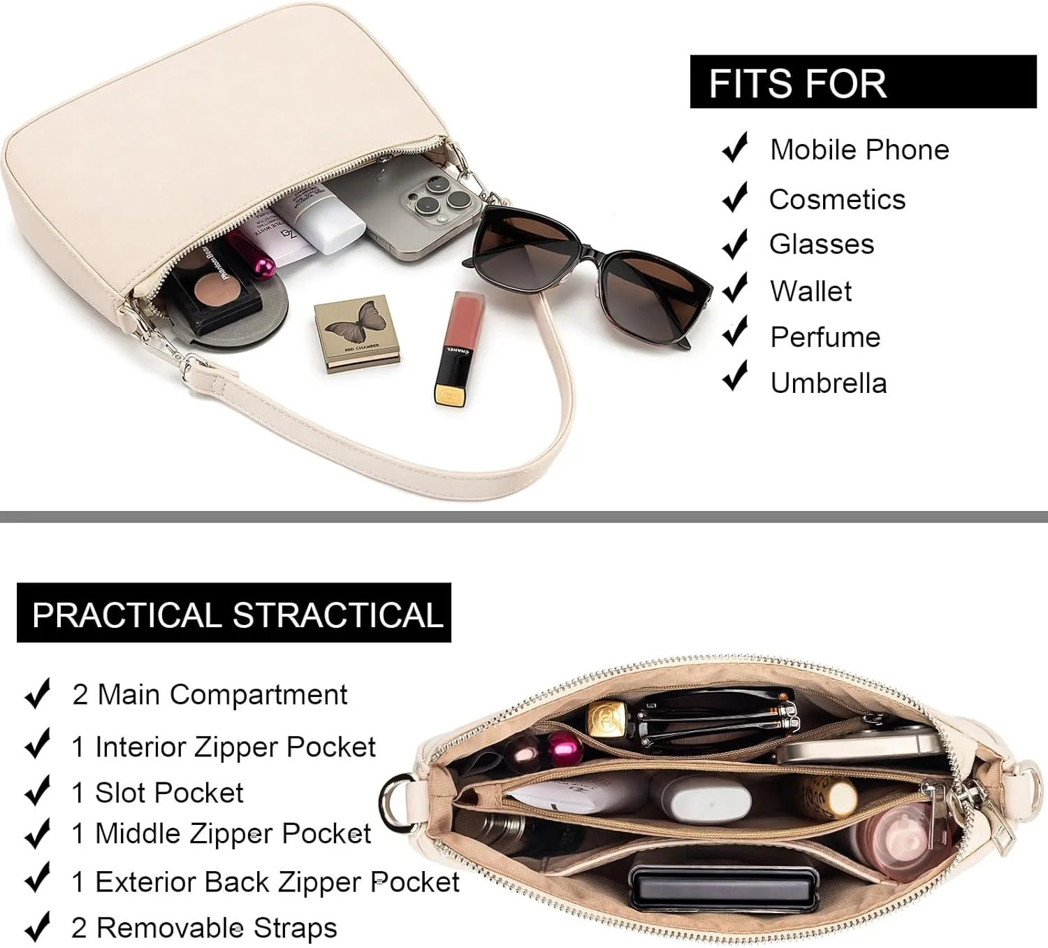 NIUEIMEE ZHOU Small Shoulder bag with 2 Removable Straps Cross Body Clutch Purse Handbag for Women