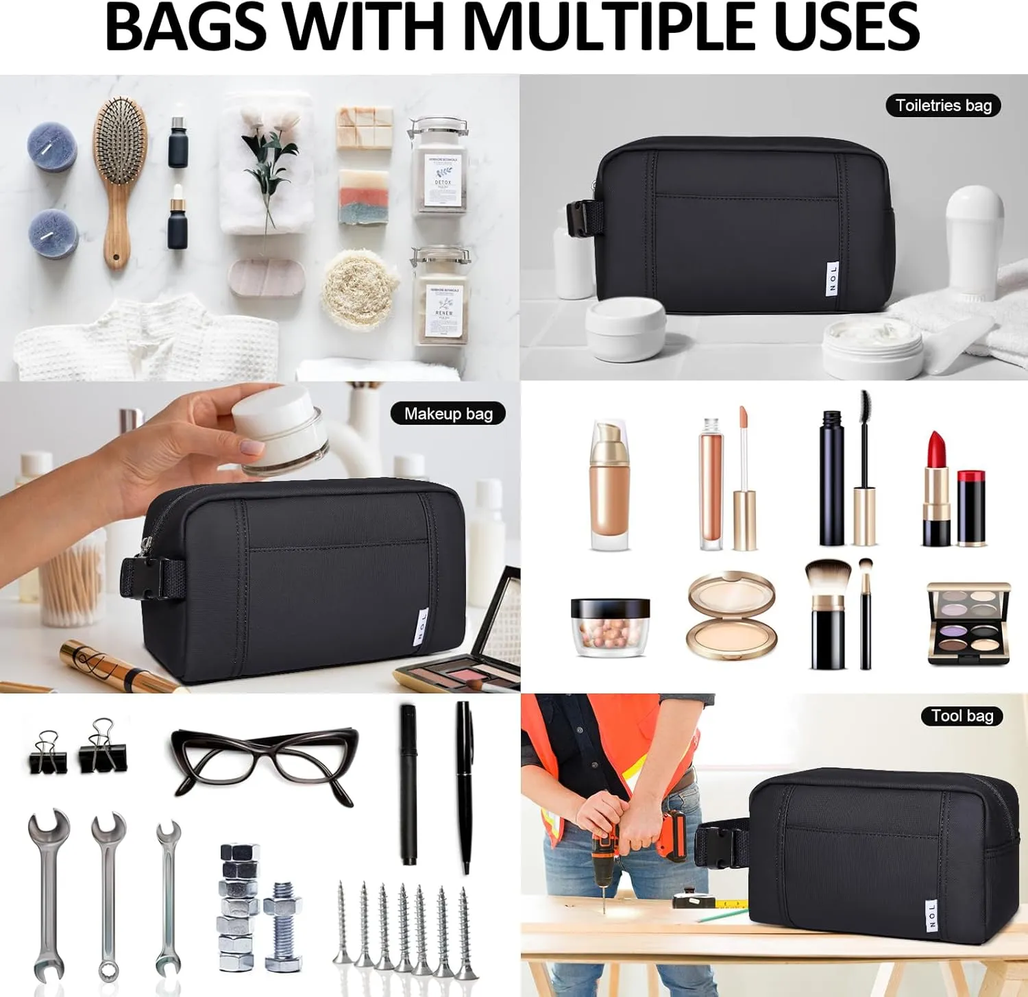 NOL Natural Organic Lifestyle Nylon Makeup Bag Lightweight Travel Toiletry Bag for Adults, Reusable, Zip Closure with Buckle Handle, Snack Bag, Travel Cosmetic Bag, Black