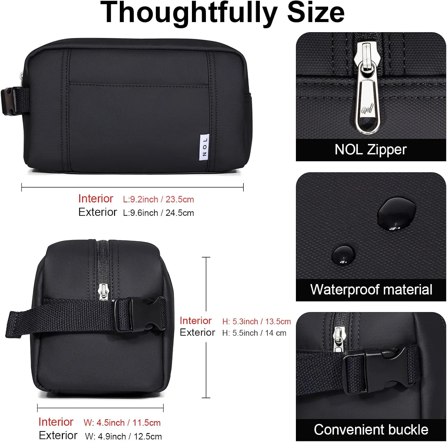 NOL Natural Organic Lifestyle Nylon Makeup Bag Lightweight Travel Toiletry Bag for Adults, Reusable, Zip Closure with Buckle Handle, Snack Bag, Travel Cosmetic Bag, Black