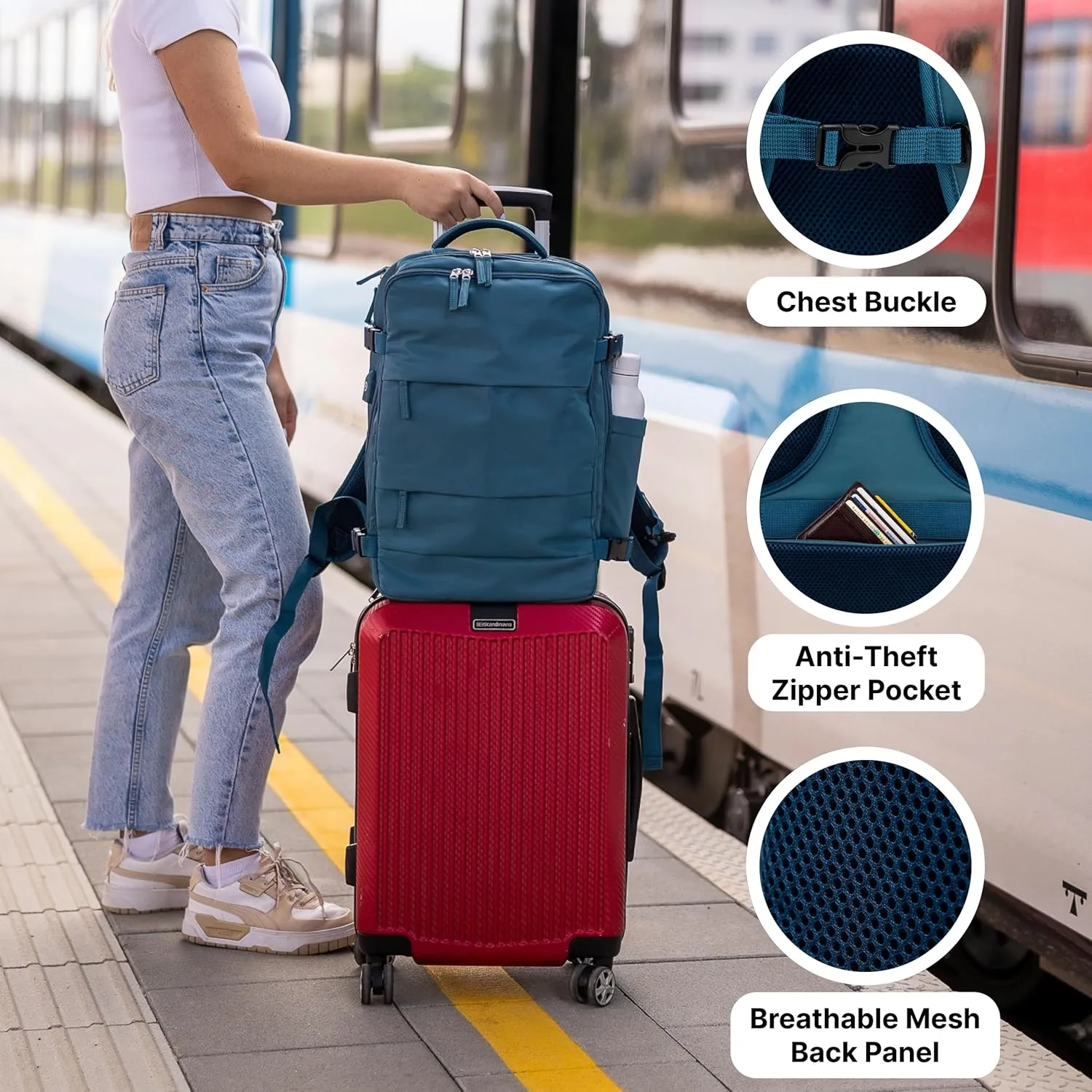 (Not Made In China) Travel Backpack For Men and Women, Airline Approved Carry On Bag w/Shoe Compartment, Fits 16 inch Laptop Computer, Personal Item Bag w/USB Charging Port (Columbus, Peacock Blue)