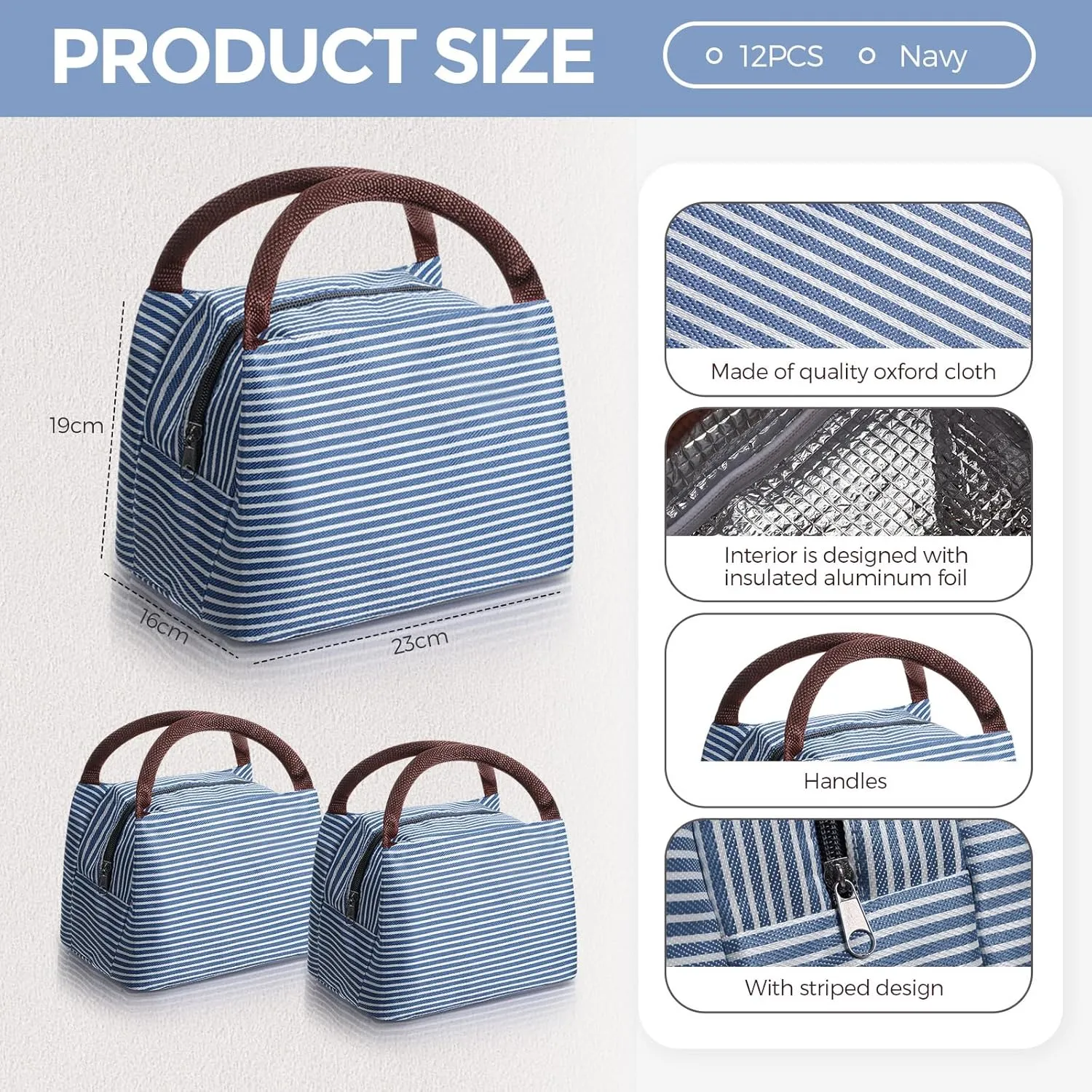 Nuogo 12 Pieces Insulated Lunch Bag Reusable Box Thermal Lunch Leakproof Tote Bag for Women Men Office Work Picnic Beach Fishing(Navy)