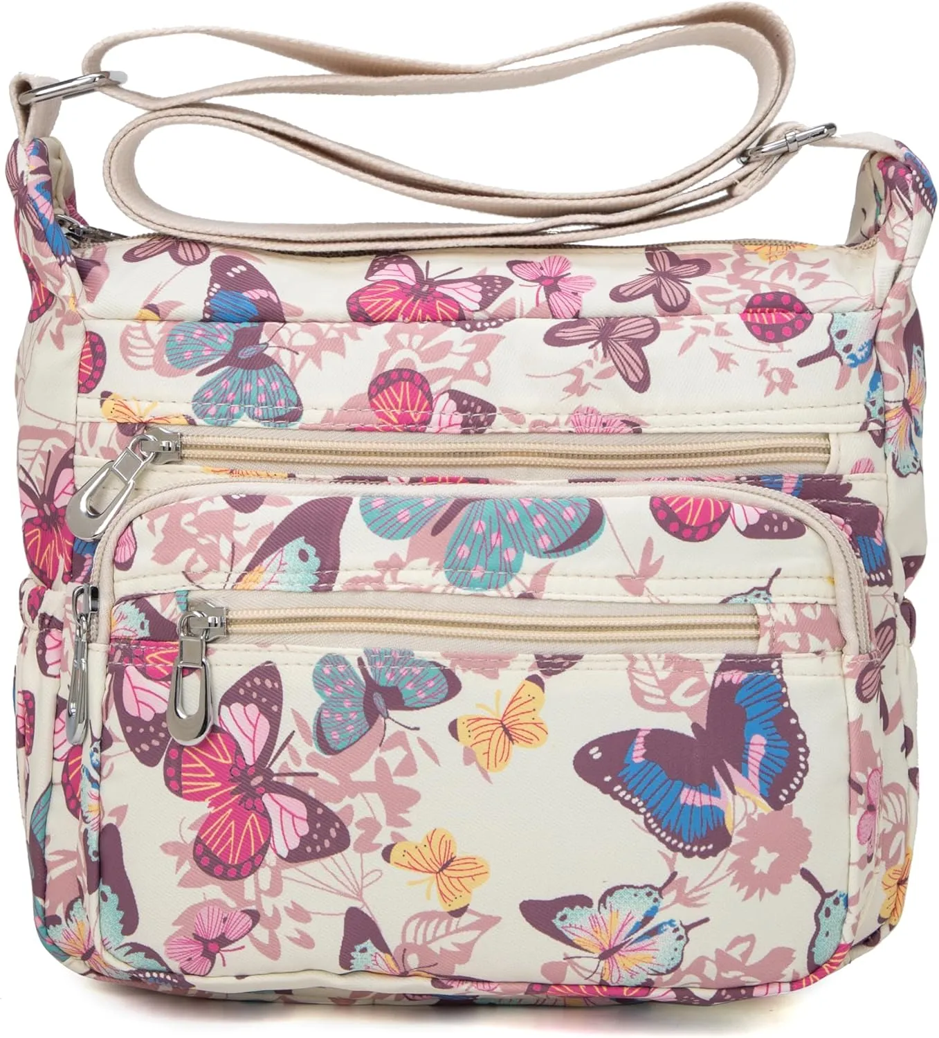 Nylon Floral Multi-Pocket Crossbody Purse Bags for Women Travel Shoulder Bag