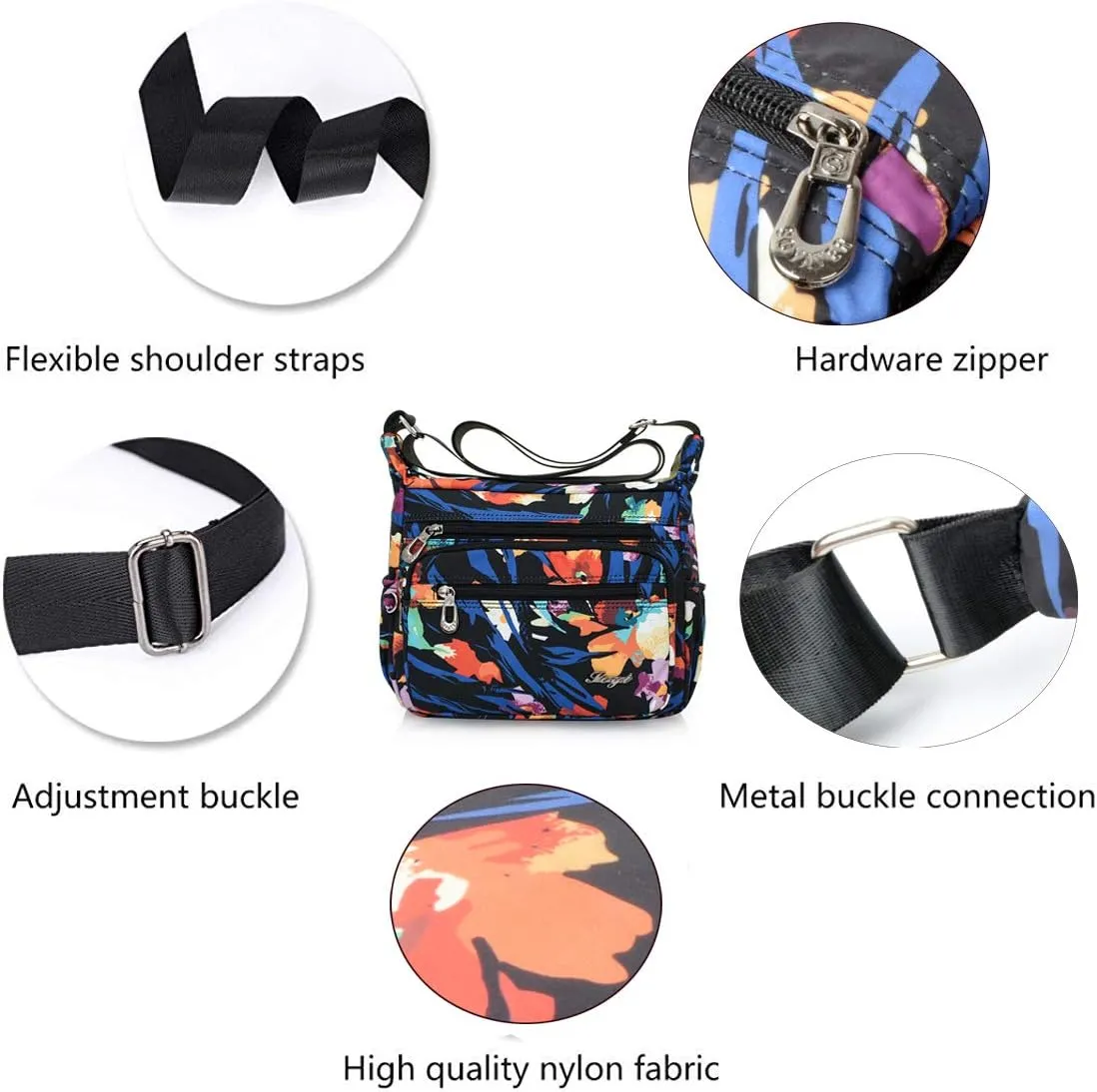 Nylon Floral Multi-Pocket Crossbody Purse Bags for Women Travel Shoulder Bag