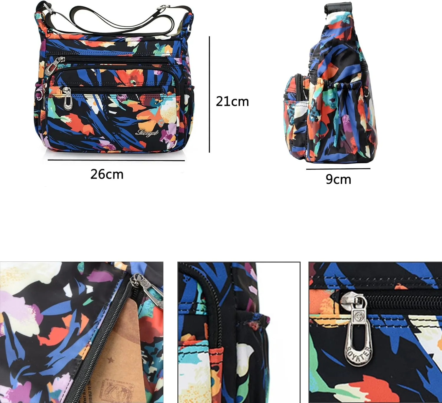 Nylon Floral Multi-Pocket Crossbody Purse Bags for Women Travel Shoulder Bag