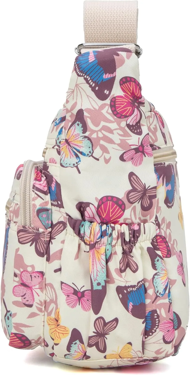 Nylon Floral Multi-Pocket Crossbody Purse Bags for Women Travel Shoulder Bag
