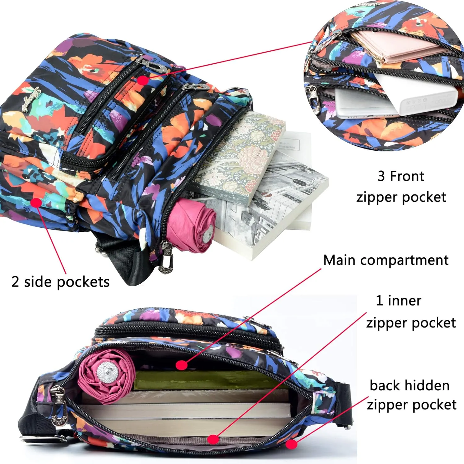 Nylon Floral Multi-Pocket Crossbody Purse Bags for Women Travel Shoulder Bag