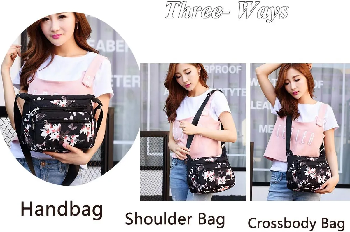 Nylon Floral Multi-Pocket Crossbody Purse Bags for Women Travel Shoulder Bag