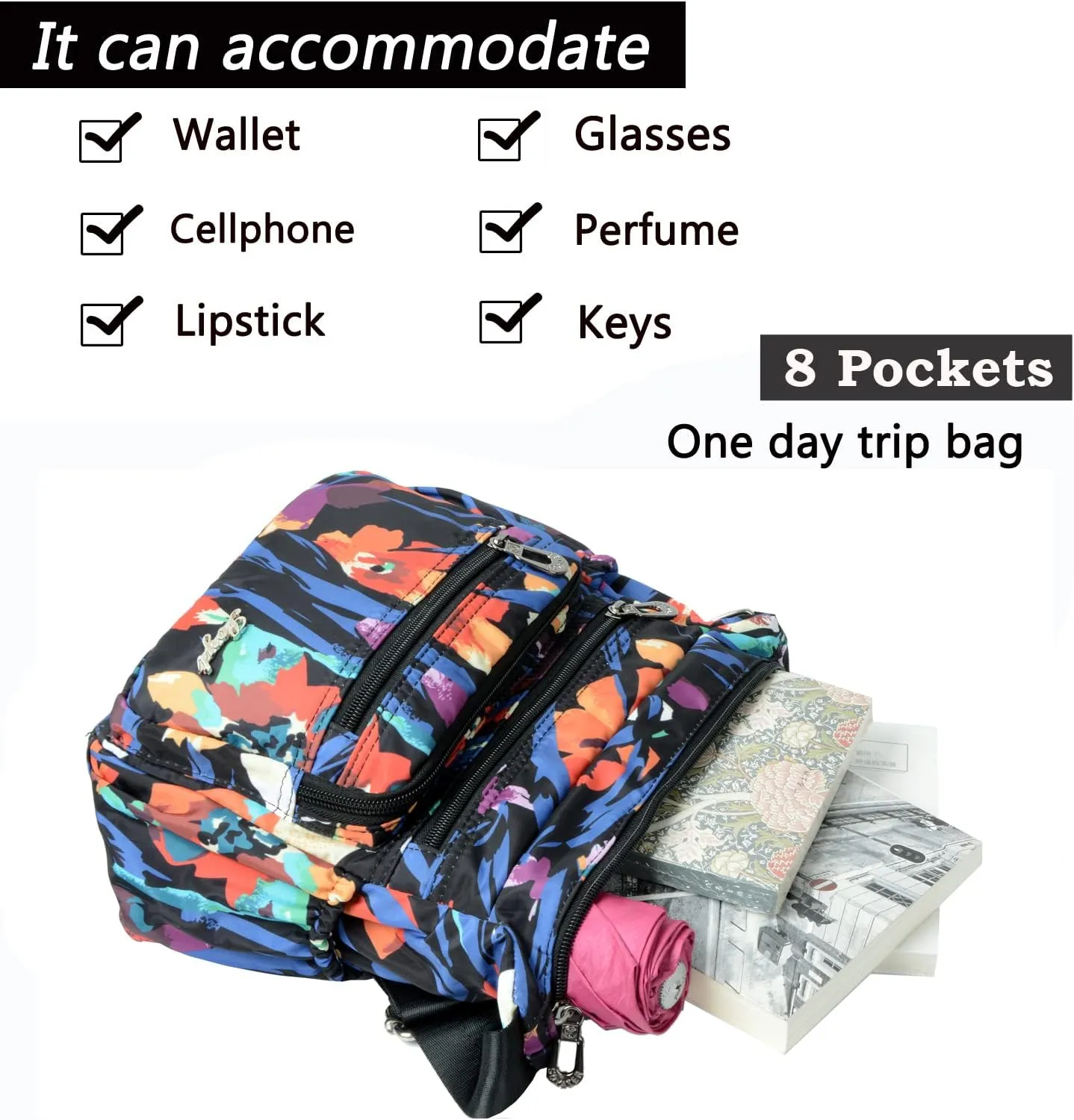 Nylon Floral Multi-Pocket Crossbody Purse Bags for Women Travel Shoulder Bag