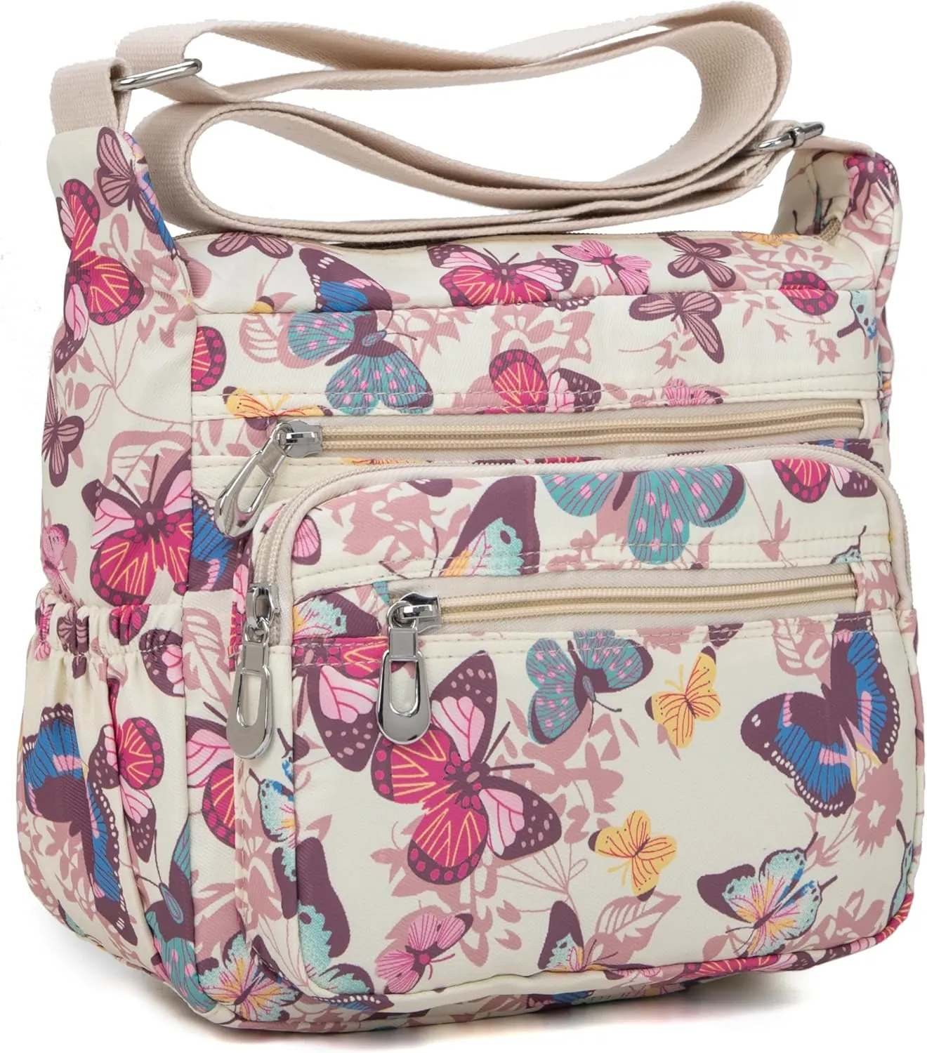 Nylon Floral Multi-Pocket Crossbody Purse Bags for Women Travel Shoulder Bag