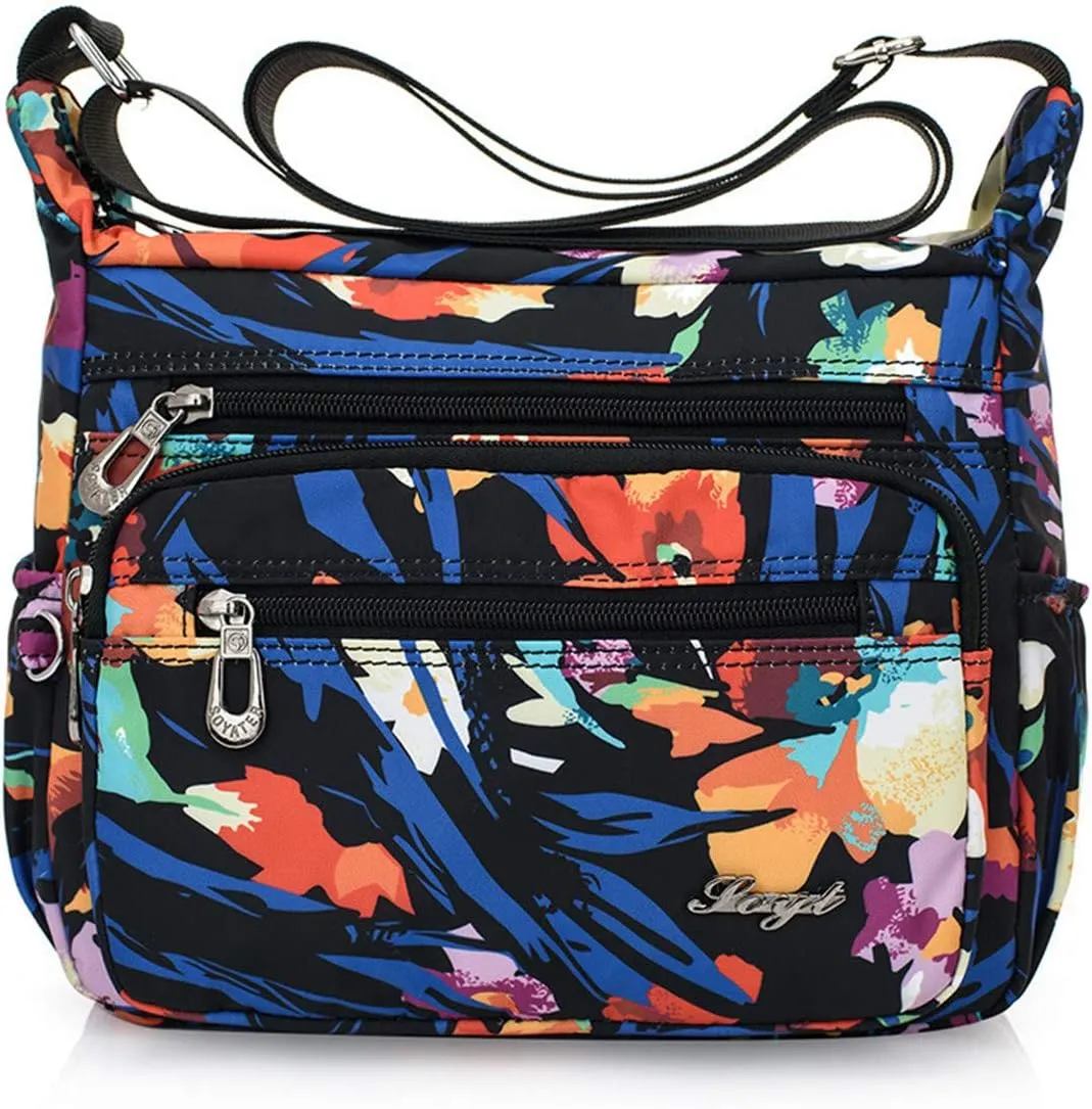 Nylon Floral Multi-Pocket Crossbody Purse Bags for Women Travel Shoulder Bag