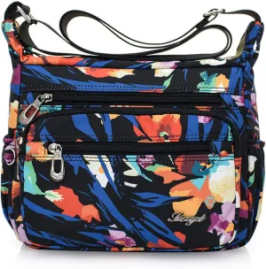 Nylon Floral Multi-Pocket Crossbody Purse Bags for Women Travel Shoulder Bag