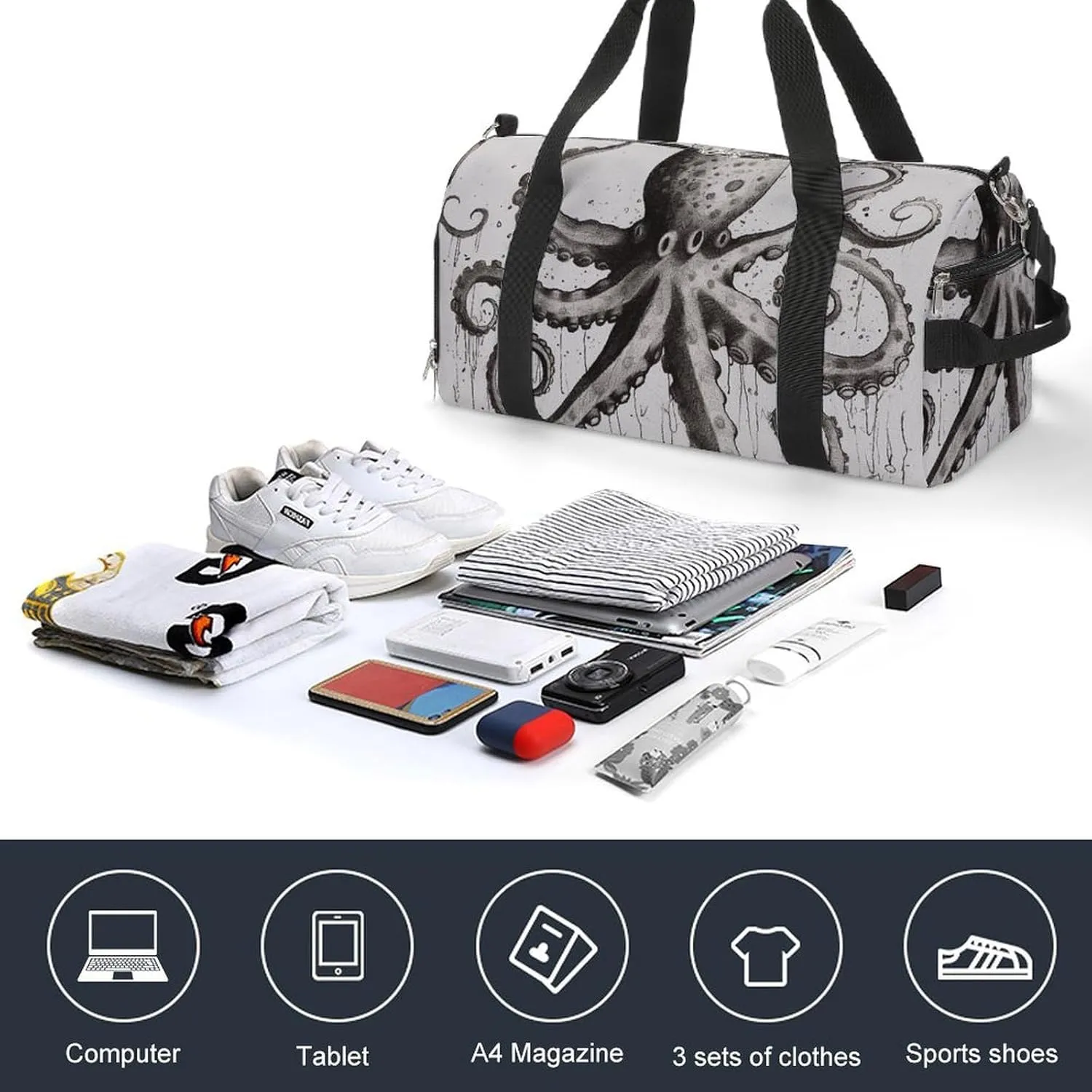 Octopus Sports Gym Bag Carry on Holdalls for Men Small Duffel Bags for Women with Shoe Compartment
