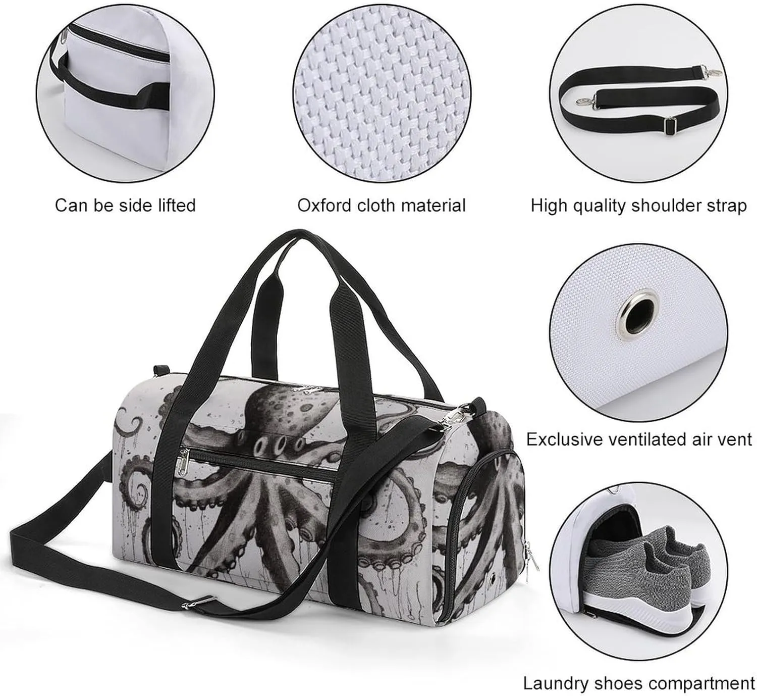 Octopus Sports Gym Bag Carry on Holdalls for Men Small Duffel Bags for Women with Shoe Compartment