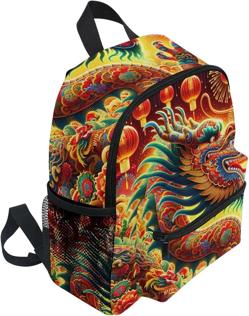 ODAWA Chinese New Year Dragon Red Kids Backpacks with Name Tag School Backpack for Girls