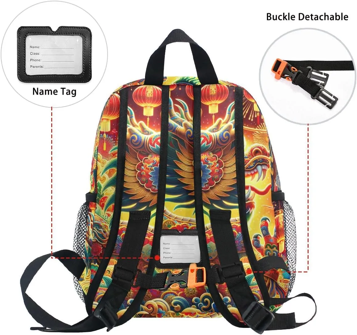 ODAWA Chinese New Year Dragon Red Kids Backpacks with Name Tag School Backpack for Girls