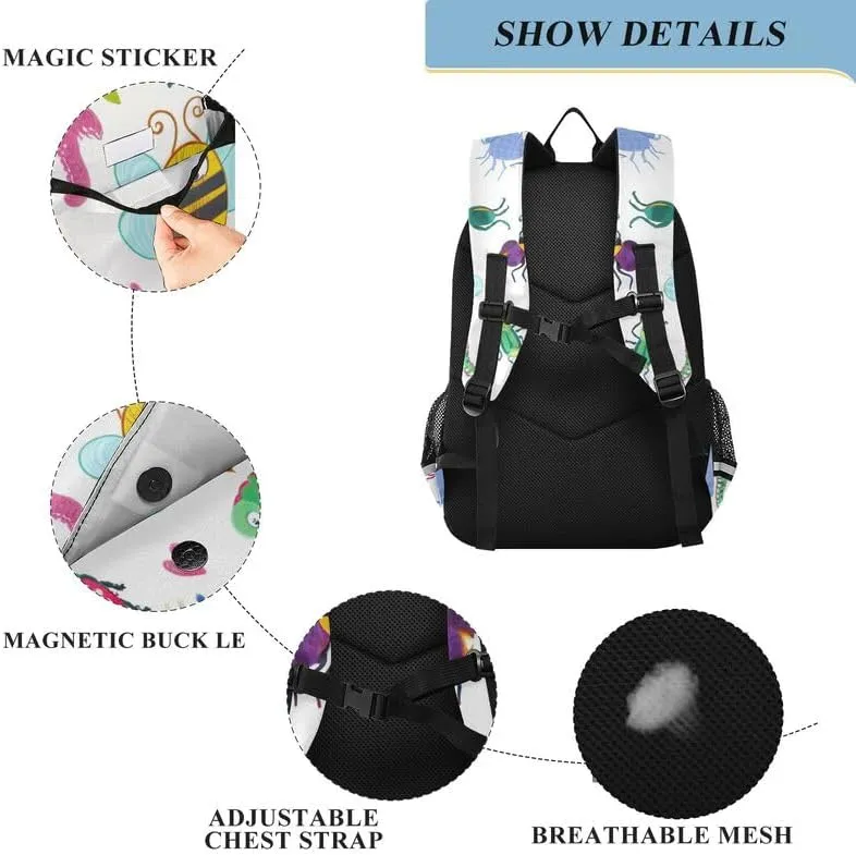 ODAWA Colorful Cartoon Insects Bakcpack Lightweight Durable Travel Gifts Kids Backpack Ages 6-12, 17 Inch