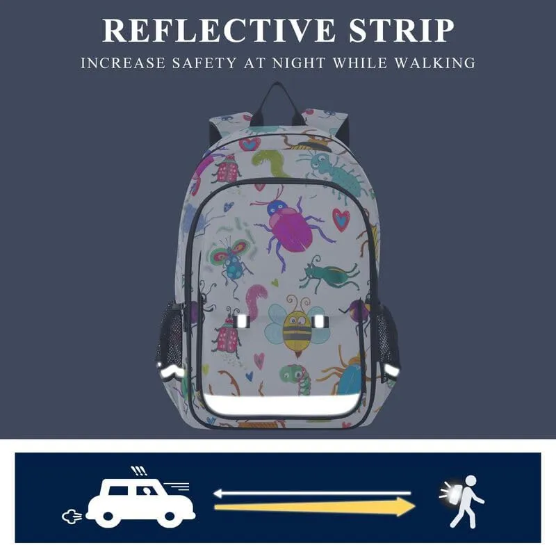 ODAWA Colorful Cartoon Insects Bakcpack Lightweight Durable Travel Gifts Kids Backpack Ages 6-12, 17 Inch