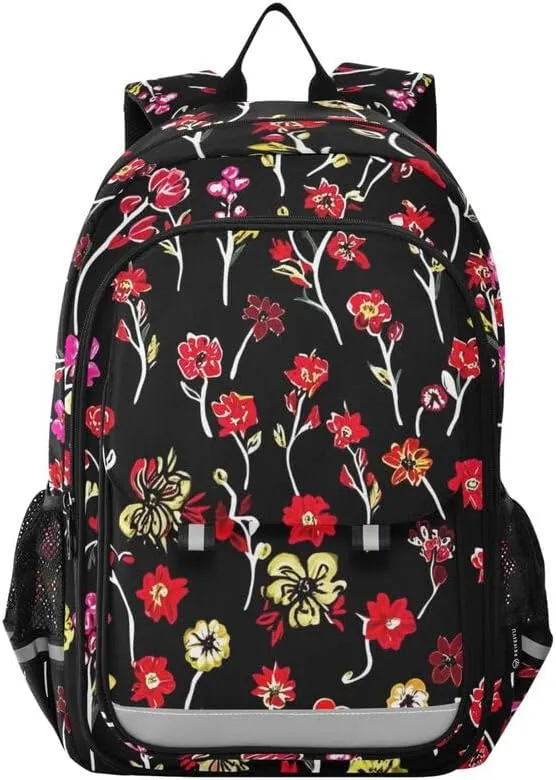 ODAWA Floral Flowers Black Backpacks for Kids Casual Daypack for Travel with Bottle Side Pockets Kids Backpack Ages 6-12