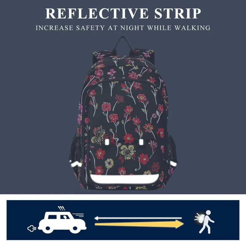 ODAWA Floral Flowers Black Backpacks for Kids Casual Daypack for Travel with Bottle Side Pockets Kids Backpack Ages 6-12