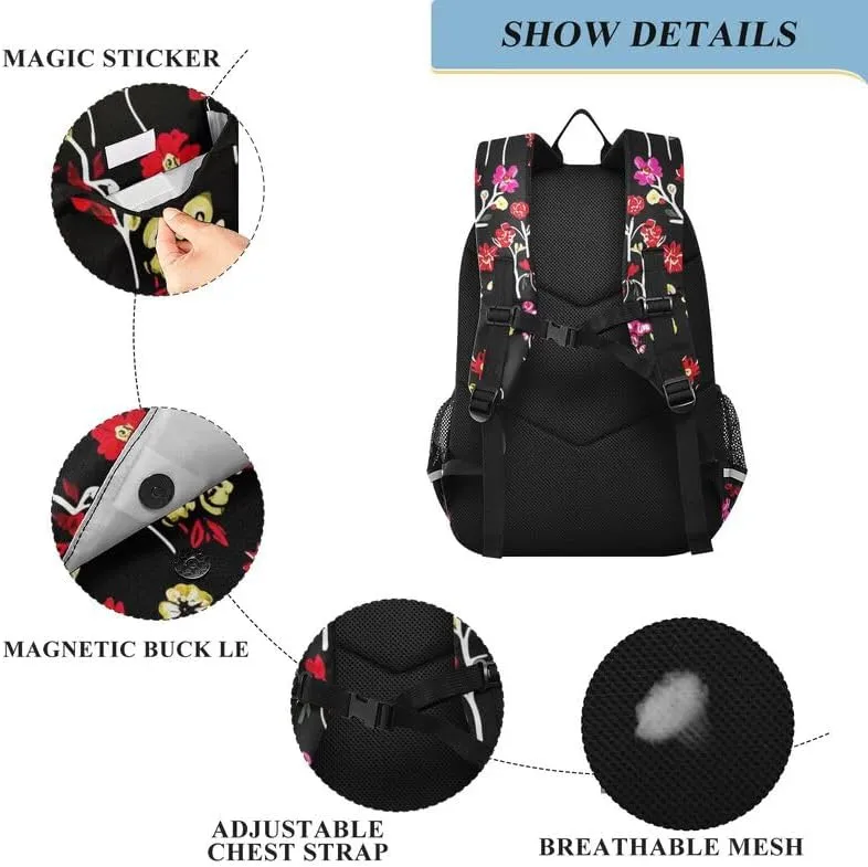 ODAWA Floral Flowers Black Backpacks for Kids Casual Daypack for Travel with Bottle Side Pockets Kids Backpack Ages 6-12